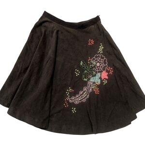 Free People Y2K Chocolate Brown Corduroy Embroidered Circle Skirt SZ 2 Boho Chic